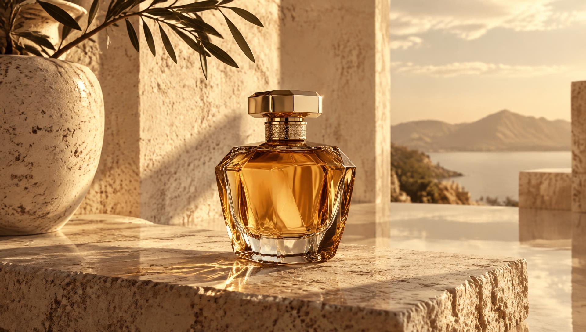AL FARES perfume bottle on warm stone at golden hour